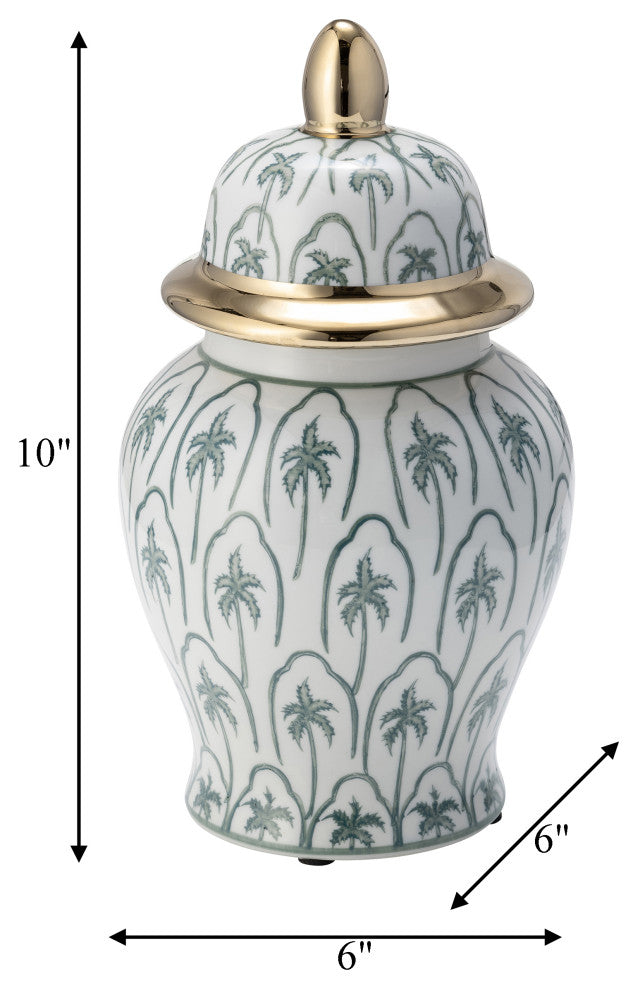Ceramic 10"H Temple Jar, Green/Gold