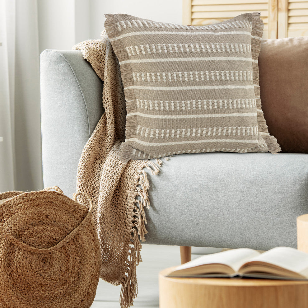 Ox Bay Handwoven Tan/White Geometric Polyester Pillow Cover, 24"x24"