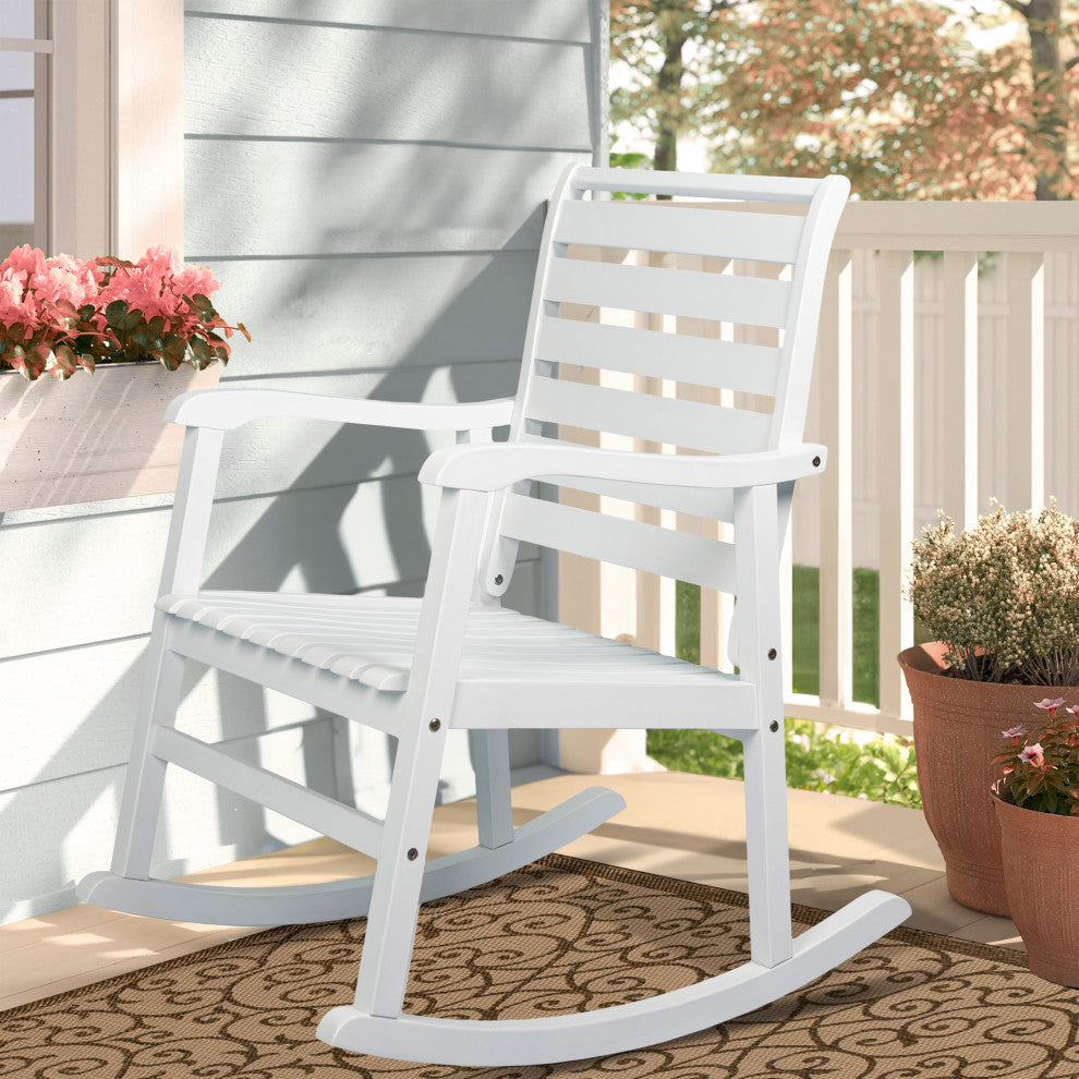 Carey Modern Slat-Back Acacia Wood Patio Outdoor Rocking Chair, White