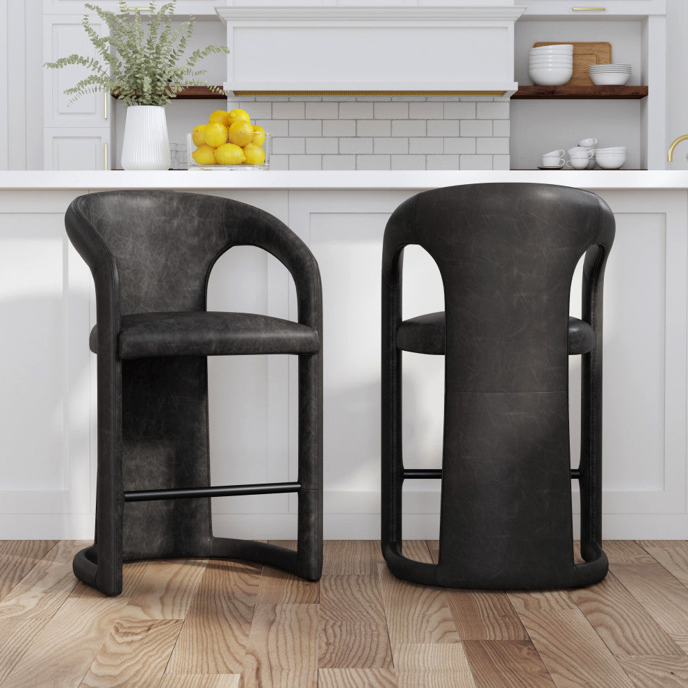 Kosas Home Archie 26" Distressed Leather Counter Stool, Charcoal
