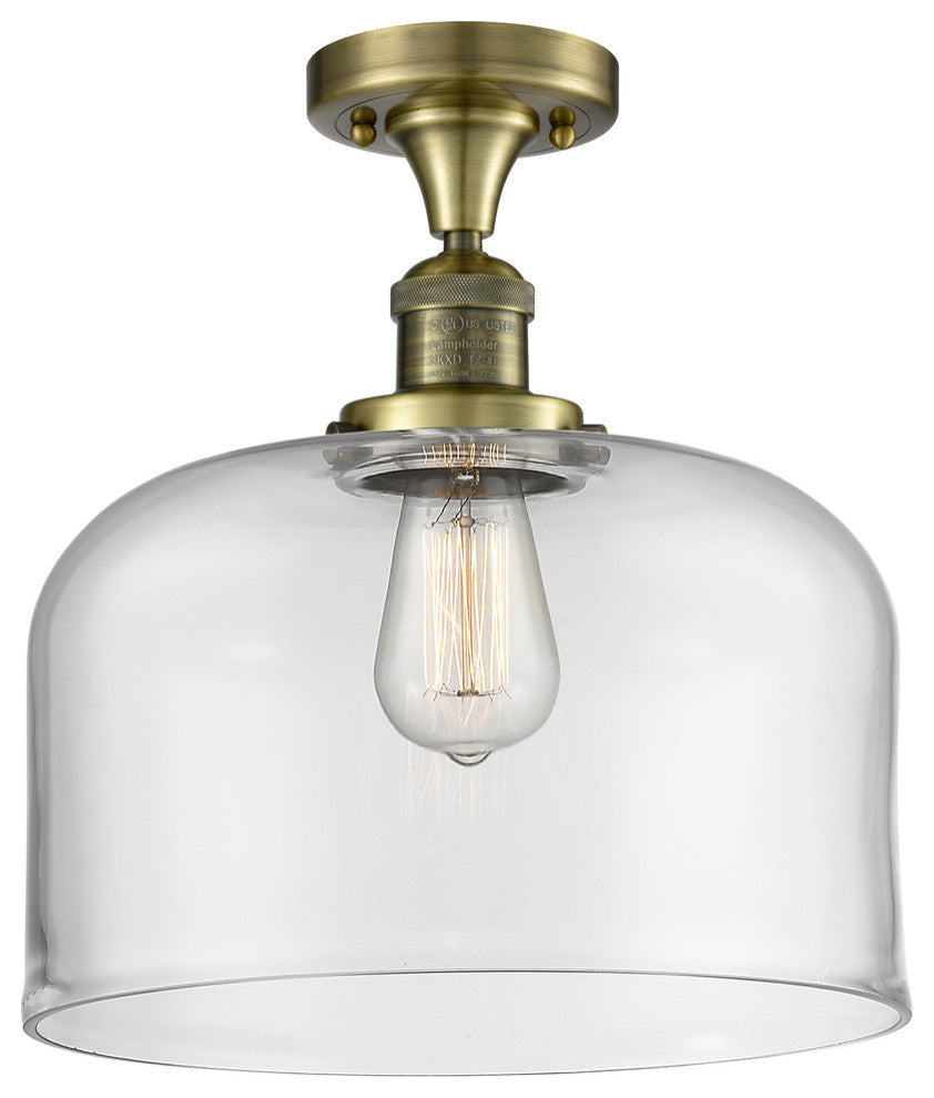 X-Large Bell 1-Light Semi-Flush Mount, Antique Brass, Clear