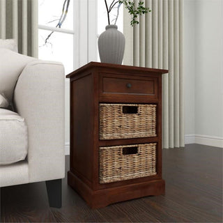 Urban Designs Malibu 3-Drawer Night Stand With Wicker Baskets, Coffee