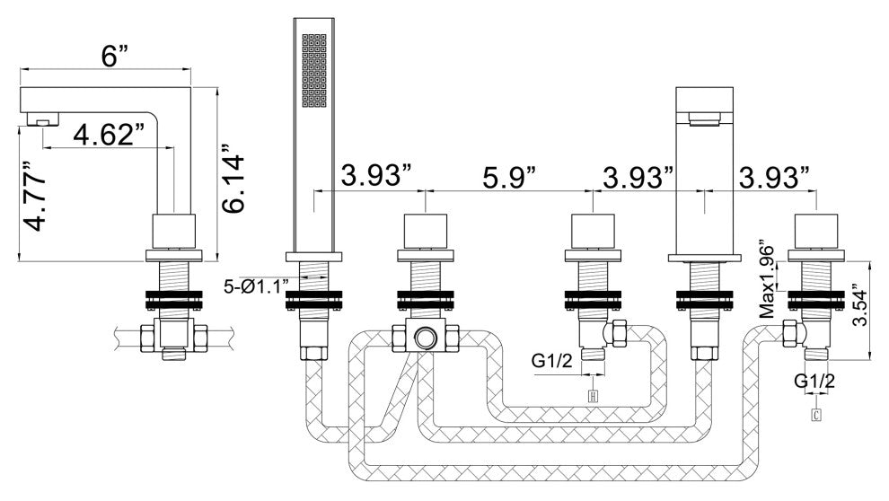 Triple Handle Deck Mounted Tub Faucet with Handshower