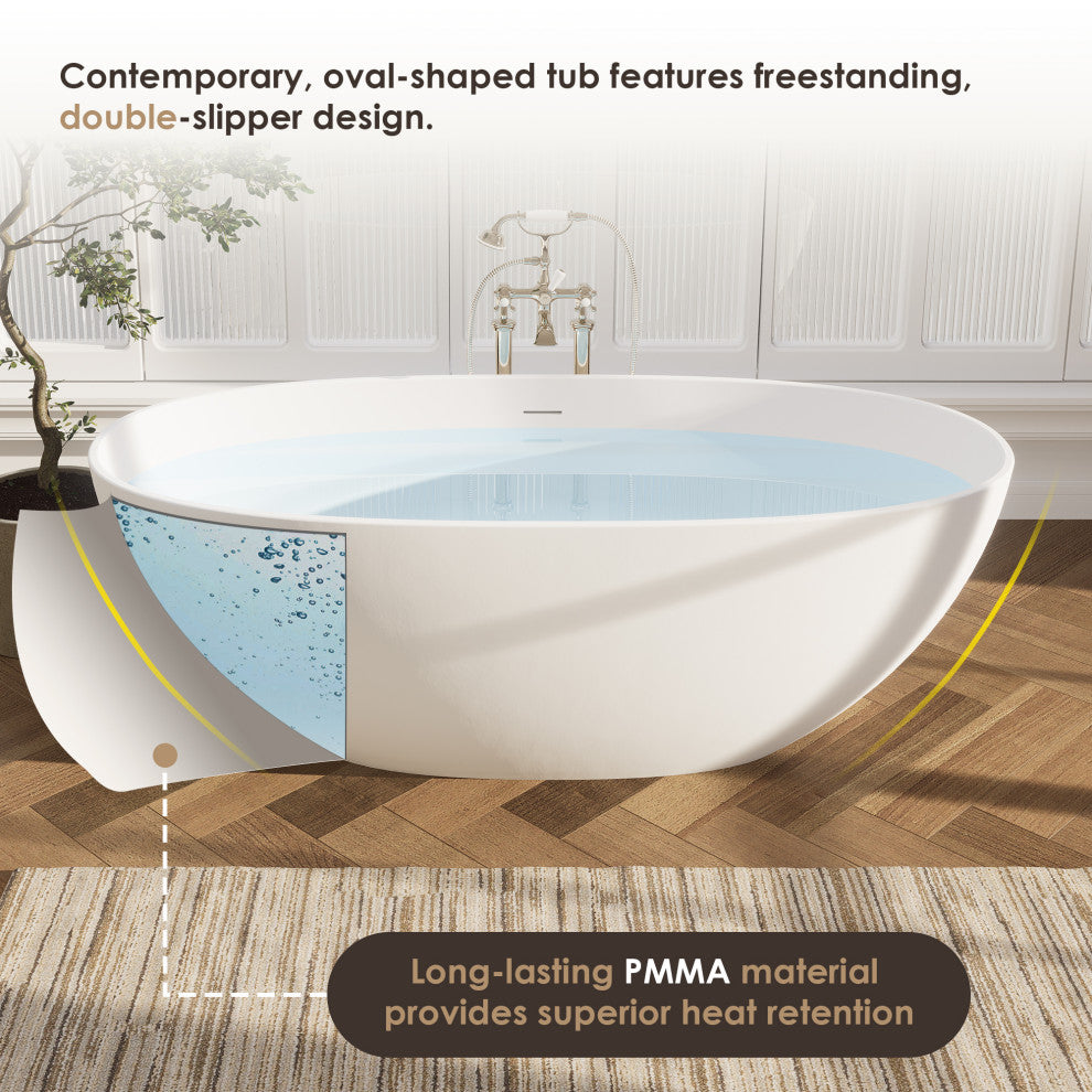 Euston Flatbottom Freestanding Solid Surface Soaking Bathtub, Matte White, 65inch