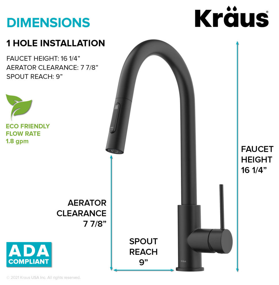 Oletto Pull-Down 1-Hole Kitchen Faucet, Matte Black, Model Kpf-3104mb