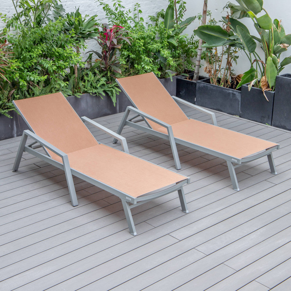 LeisureMod Marlin Patio Chaise Lounge Chair Gray Arms Set of 2, Light Brown
