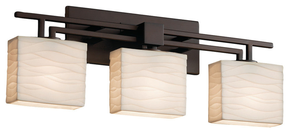 Porcelina Aero 3-Light Bath Bar, Rectangle, Dark Bronze, Waves Shade