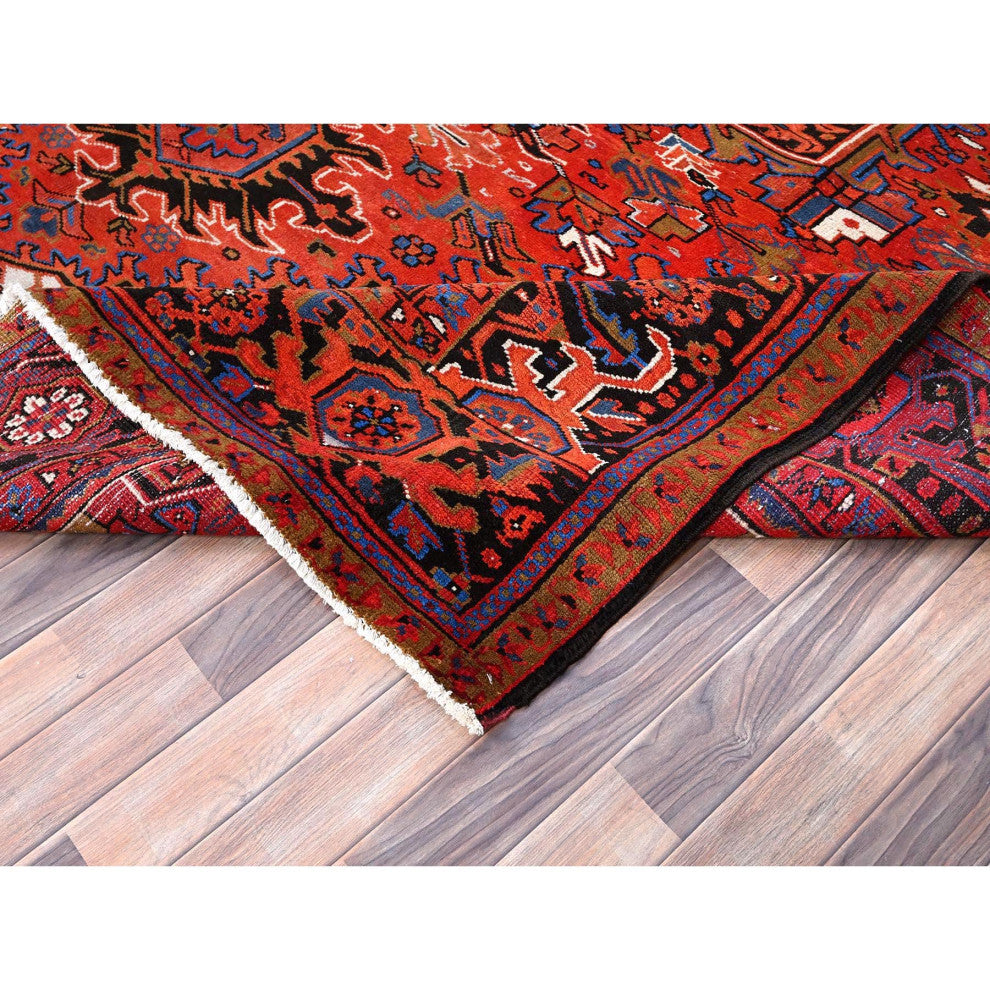 Imperial Red Pure Wool Hand Knotted Semi Antique Persian Heriz Rug 9'8"x13'