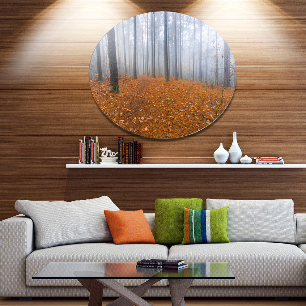 Foggy Forest And Fallen Leaves, Modern Forest Round Wall Art, 11"