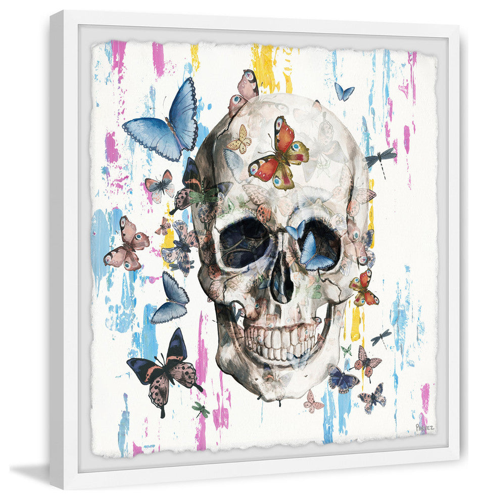"Colorful Happy Butterfly Skull" Framed Painting Print, 18"x18"