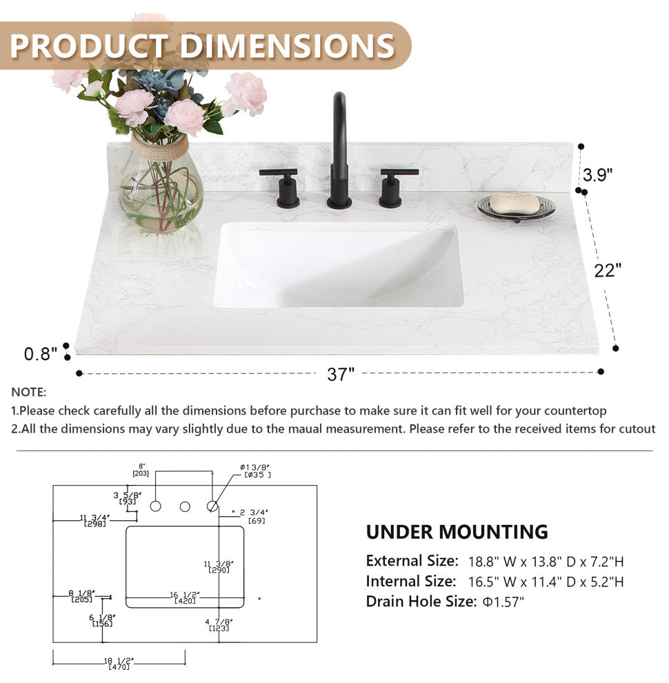 Engineered Stone Vanity Top in Grain White, 37", Single Sink