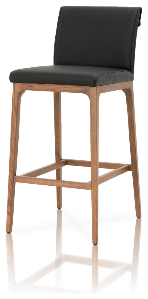 Wooden Barstool With Leather Upholstery, Black and Brown