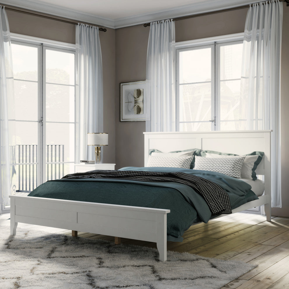 Gewnee Modern White Solid Wood Queen Platform Bed in White