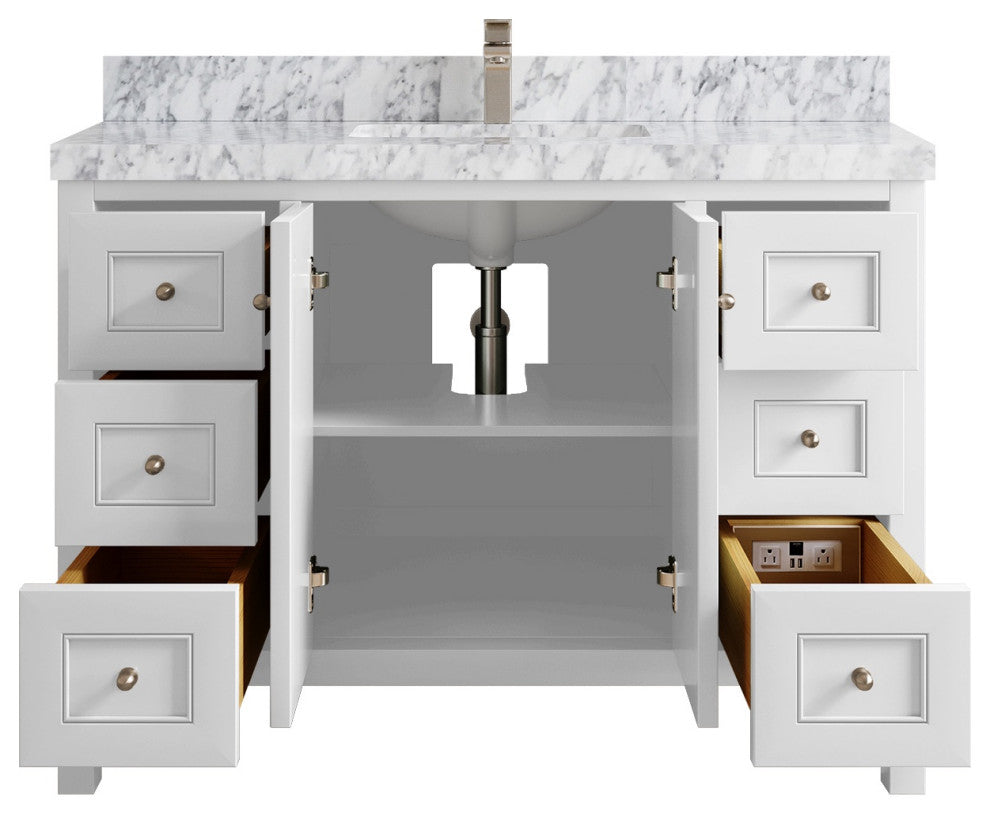 Nashville 48" Single Sink Bath Vanity, White 2" Carrara Marble