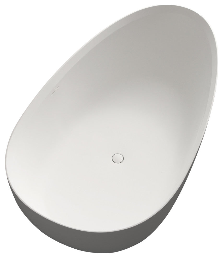 Solid Surface Freestanding Soaking Bathtub, Drain, White/gray