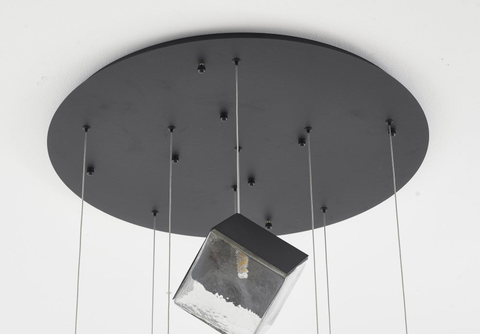 9-Light Black Cubed Chandelier With A Clear Distorted Glass Shades