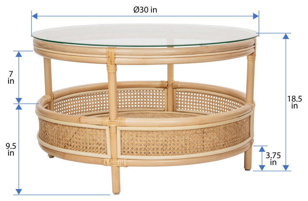 Rattan Cane Round 2-Tier Shelf Coffee Table Glass Top