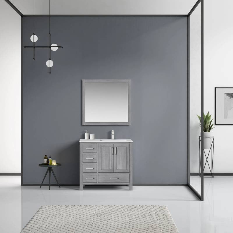 Jacques 36" Distressed Grey Single Sink Vanity with Quartz Top, Right Version, W