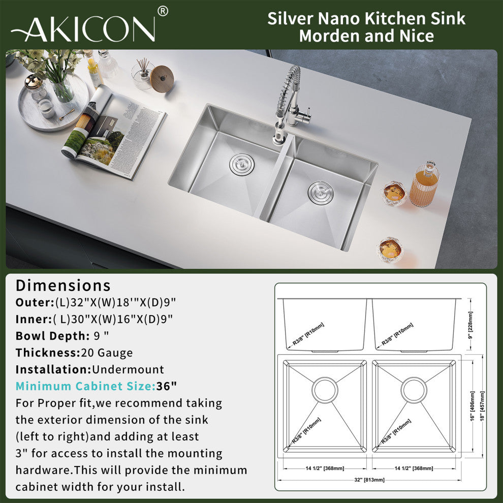 32" Undermount Nano Double Bowl Stainless Steel Kitchen Sink With Drain Assembly