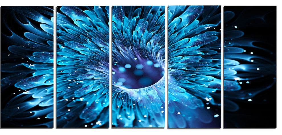 Blue Magical Wormhole Fractal, Large Abstract Canvas Wall Art, 60"x28", 5 Panels