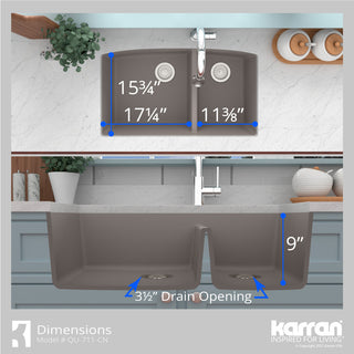 Karran Undermount Quartz 32" 60/40 Double Bowl Kitchen Sink Kit, Concrete