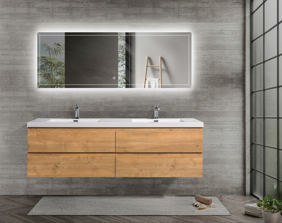 Alma-Pre 4 Drawers Wall Mount Vanity, Integrated White Sink, Natural Oak, 72"