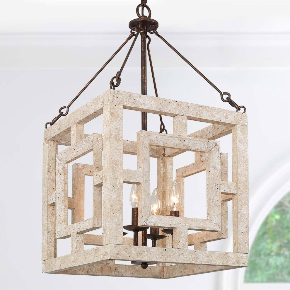 LNC Farmhouse 4-Light Bronze/Off-White Sqaure Wood Chandelier