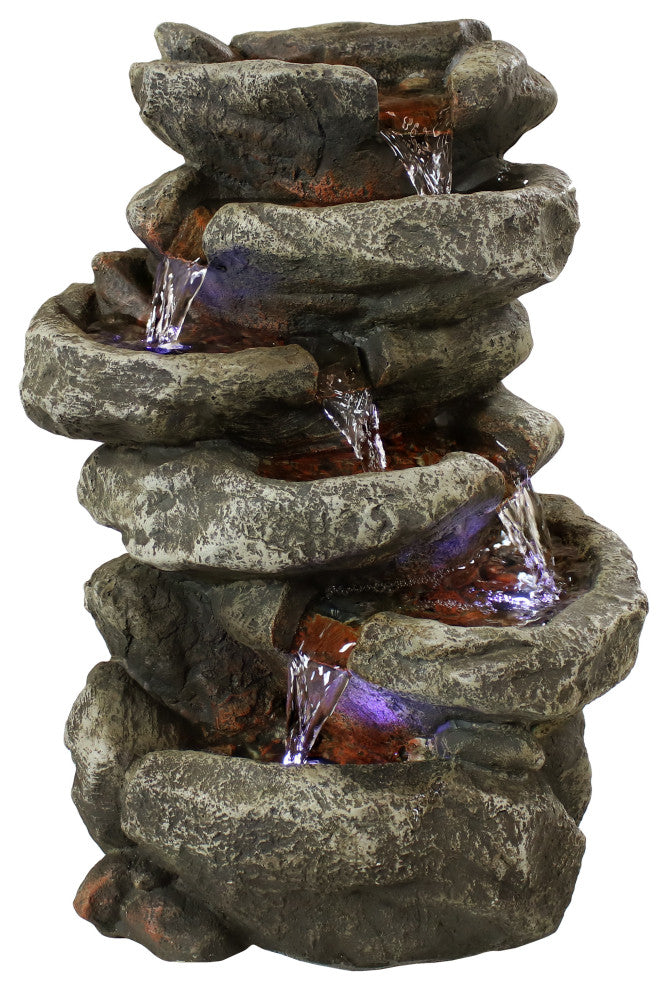 Sunnydaze 6 Tier Stone Falls Tabletop Indoor Water Fountain With LED, 15"