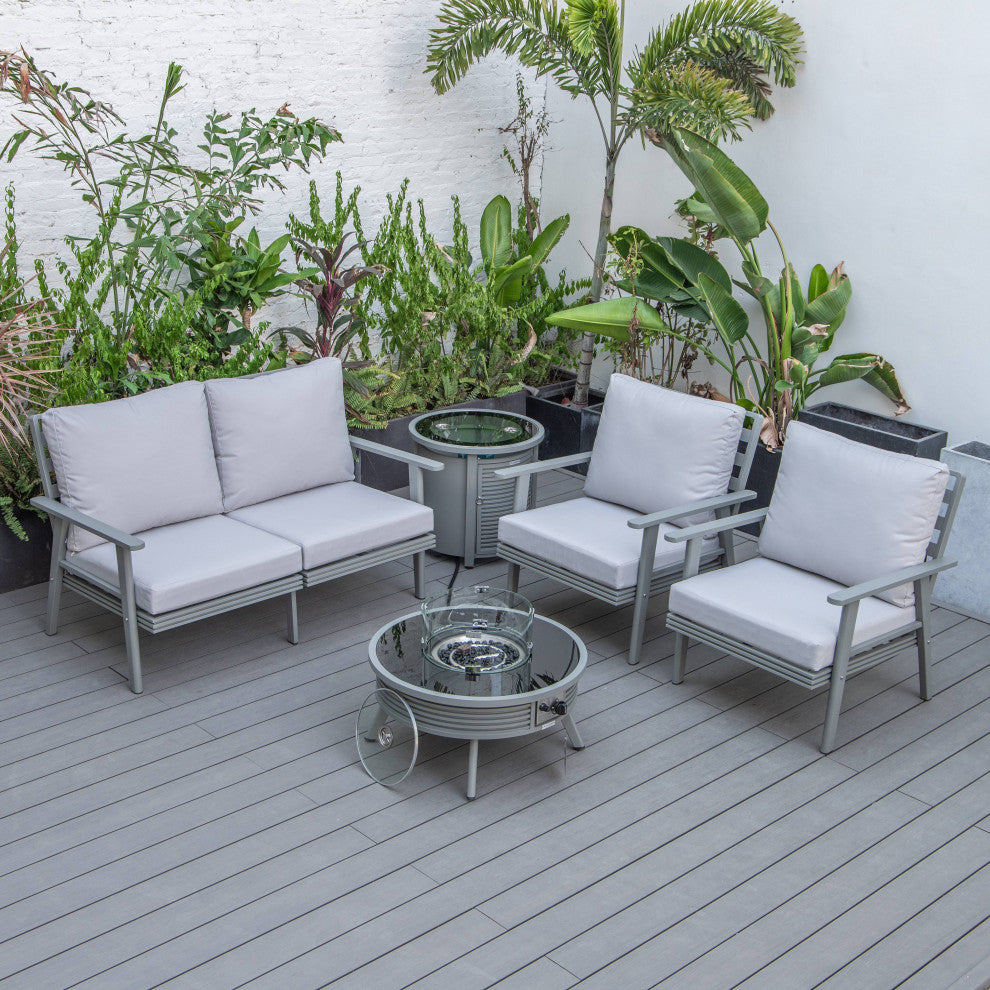 LeisureMod Walbrooke Patio Sofa Set With Round Fire Pit Table, Light Grey