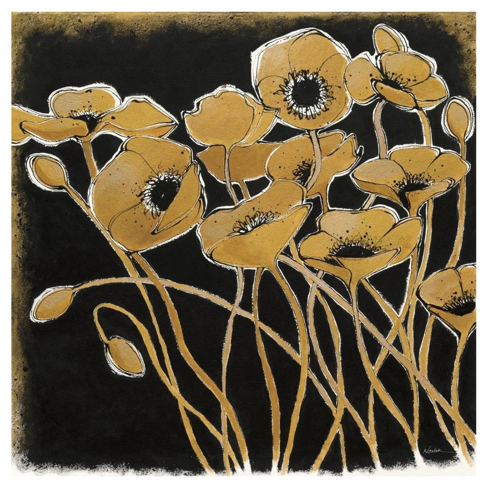 "Gold Black Line Poppies I" Digital Paper Print by Shirley Novak, 26"x26"