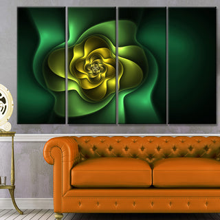 Fractal Green Flower on Black, Floral Canvas Art Print, 48"x28", 4 Panels