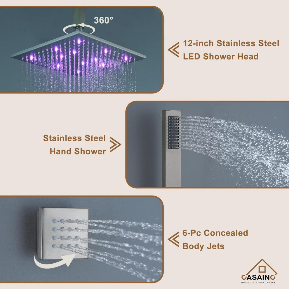 CASAINC 12" Ceiling Mounted Luxury LED Shower Head Handheld Spray, Brushed Nickel