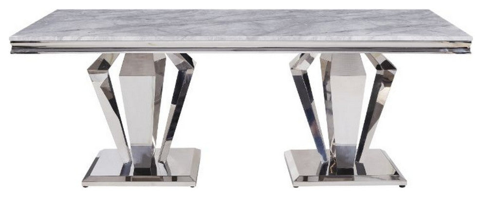 Benzara BM261724 Dining Table With Geometric Dual Pedestal Base, Silver
