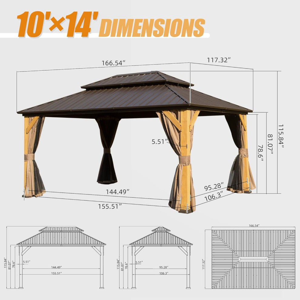 Cedar Wood Gazebo, Solid Wood Hardtop Gazebo with Galvanized Steel Double Roof