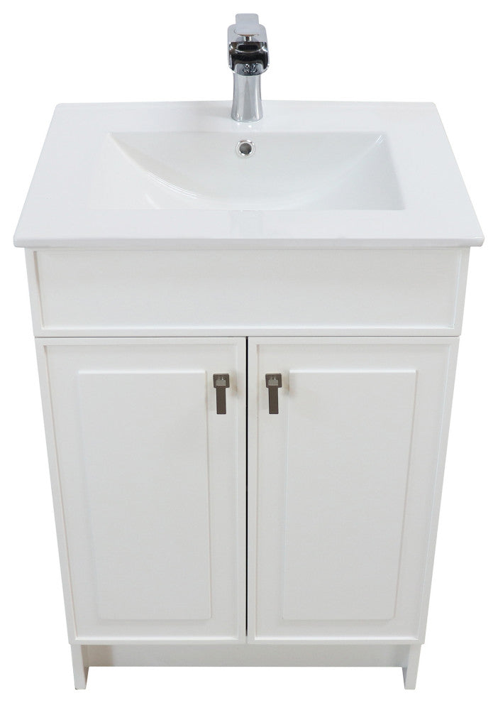 SmartFold 24" Single Sink Vanity, White With White Ceramic Top, Brushed Nickel
