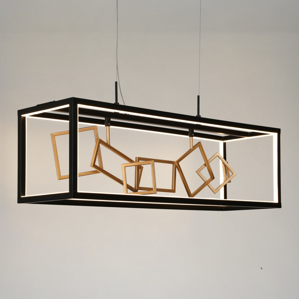 LNC Safranner LED 8-Light 28" Modern Rectangle Chandeliers, Black/Gold