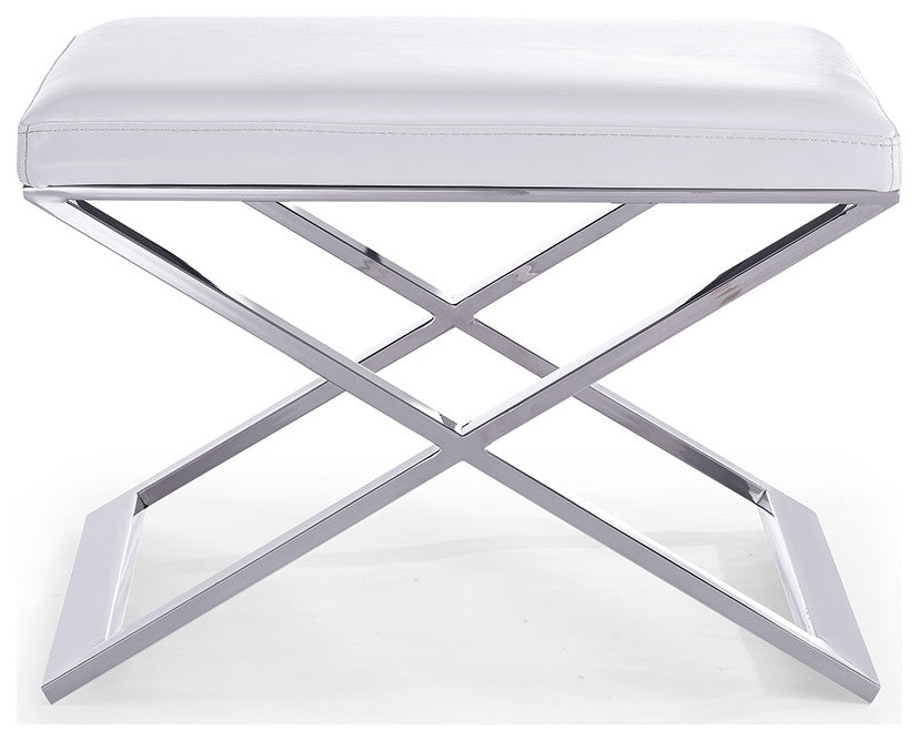 HomeRoots Ottoman White Faux Leather Stainless Steel Base