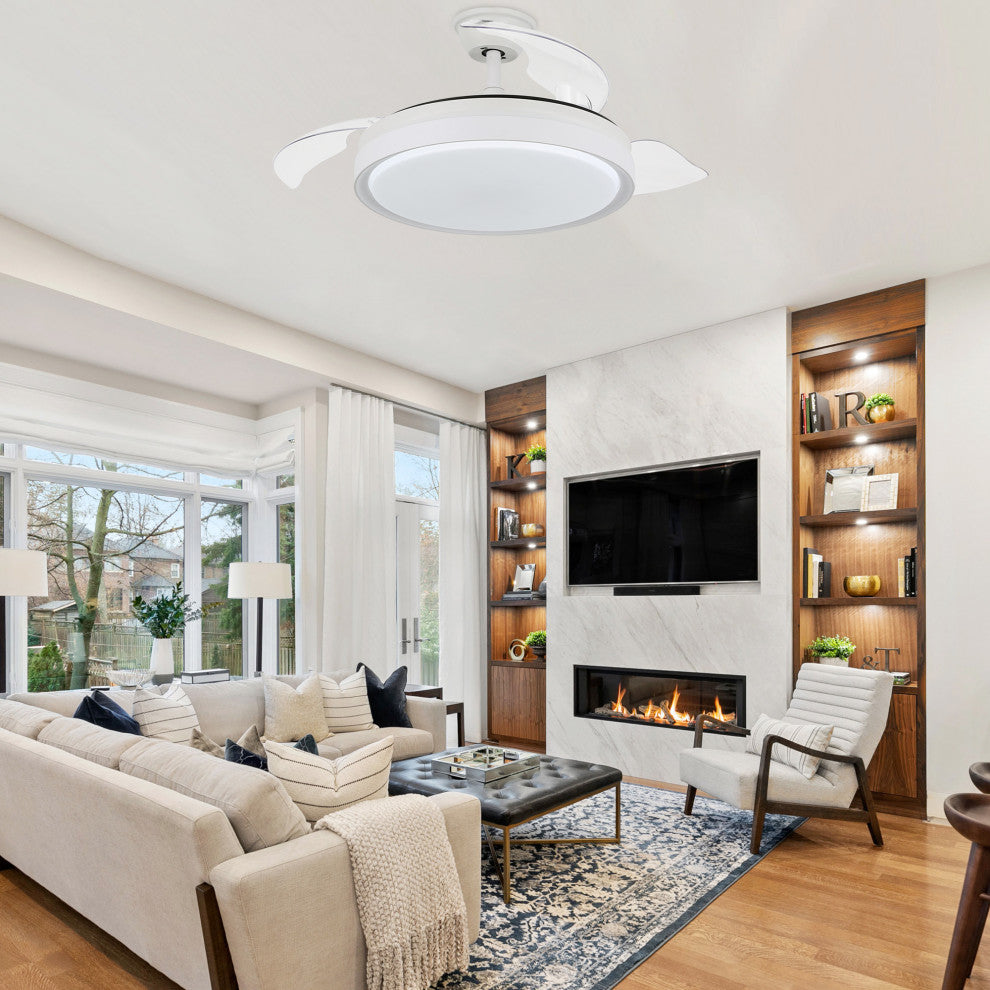 42 inch Contemporary Retractable 3-blade LED Ceiling Fan With Light, Remote, White
