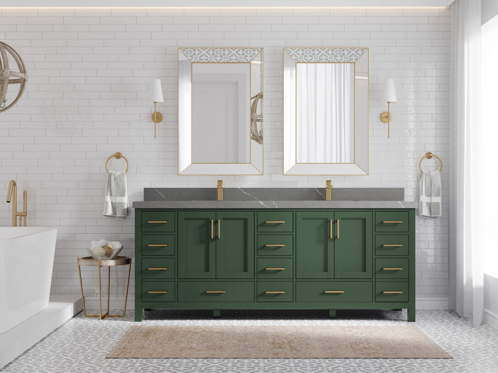Malibu 84 Double Sink Bath Vanity in Lafayette Green 2" Piatra Gray