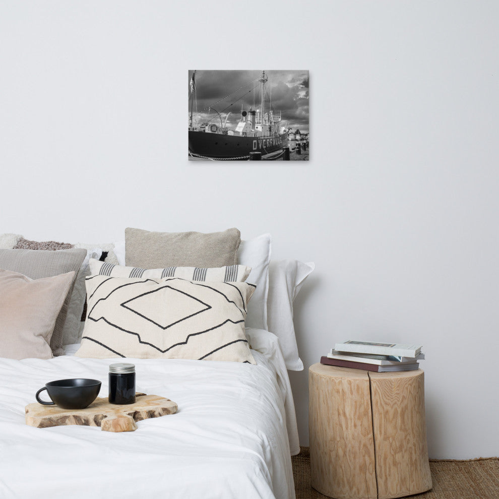 Overfalls Lightship Black & White Photo Canvas Wall Art Print, 18" X 24"