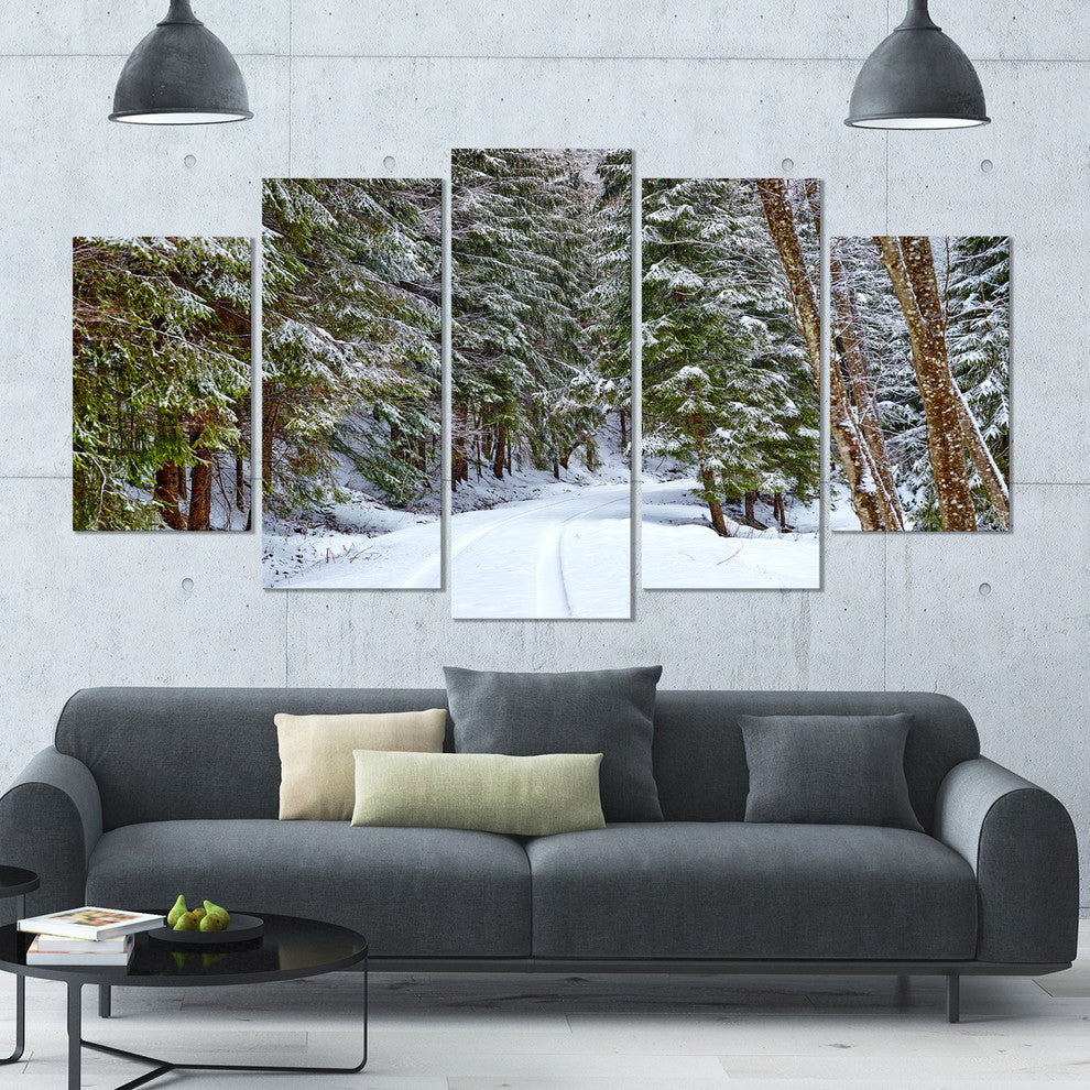 Snowy Road in the Forest, Landscape Canvas Art Print, 60"x32", 5 Panels
