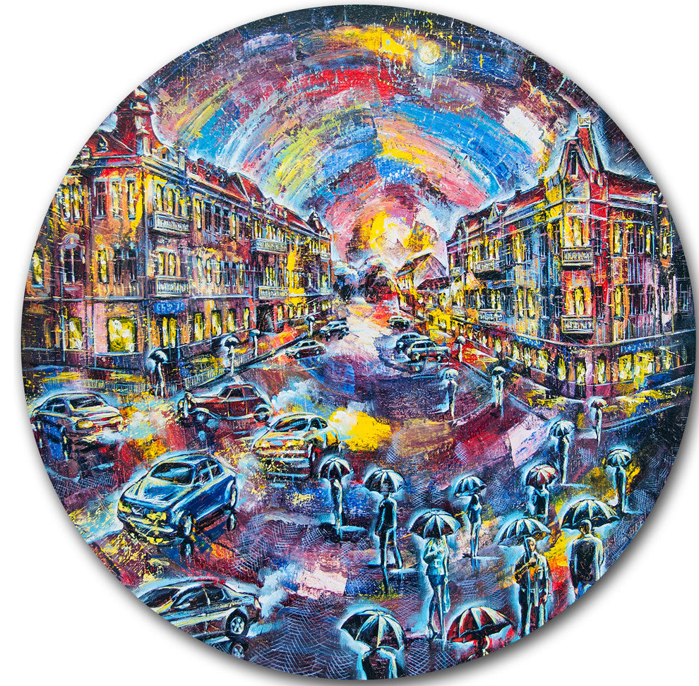 Surreal City At Night, Cityscape Large Disc Metal Wall Art, 38"