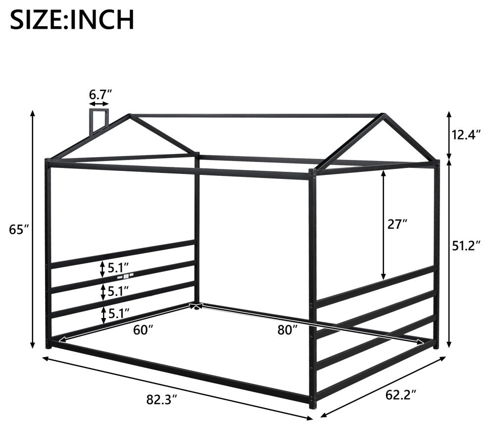 Gewnee Metal House Shape Platform Bed, Black, Queen