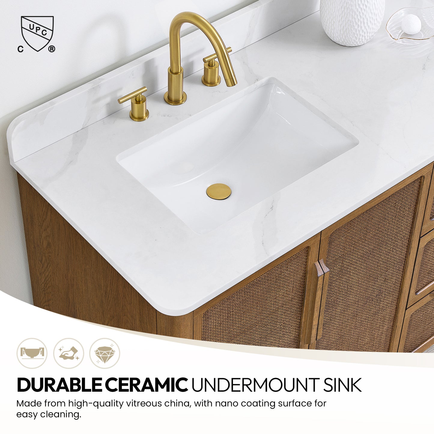 Busan Bath Vanity, Quartz Top No Mirror, Oak Classic Brown, 60", Double Vanity