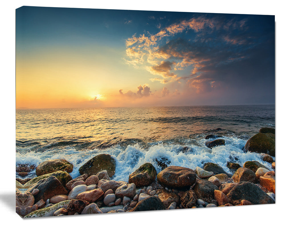 Sunrise and Shining Waves in Sea, Large Seashore Canvas Art Print, 60"x28"