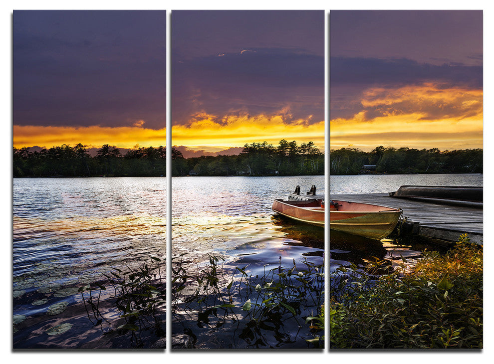 "Boat Docked in Lake at Sunset" Metal Wall Art, 3 Panels, 36"x28"