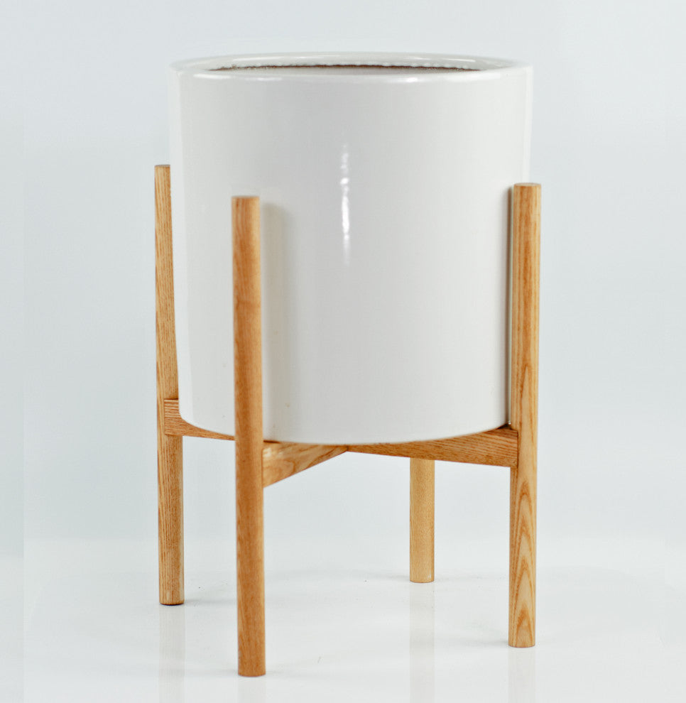 Mid Century Large Planter Ceramic Cylinder Pot 13" White With Plant Stand