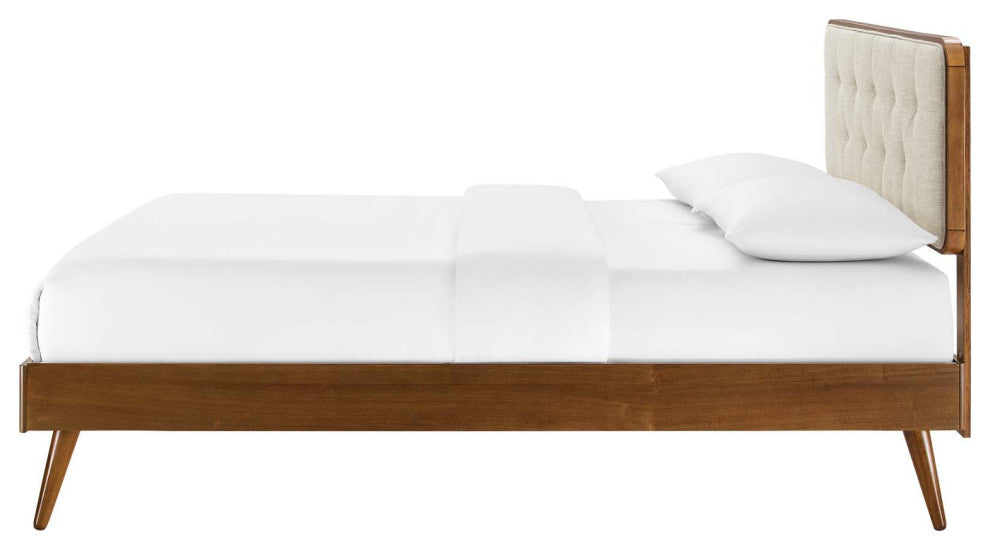 Platform Bed Frame, Queen Size, Fabric, Wood, Brown Walnut Beige, Modern