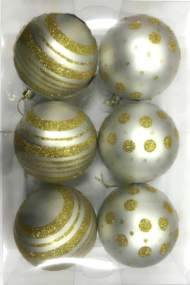 6-Pack White Ball Ornament With Gold Dot And Line Design