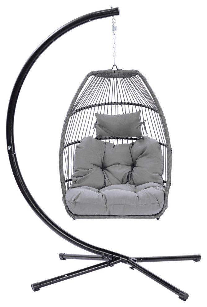 Outdoor Patio Wicker Folding Swing Chair Hanging With Bracket and Cushion Pillow